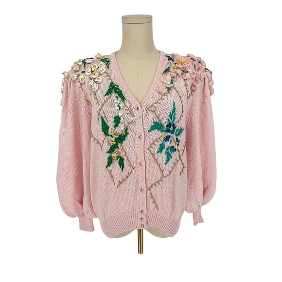 Vintage Sweaters - 1980s Vintage Floral Hand Embroidered Granny Chunky Cardigan Sweater Pastel Pink